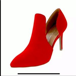 Red faux suede heels